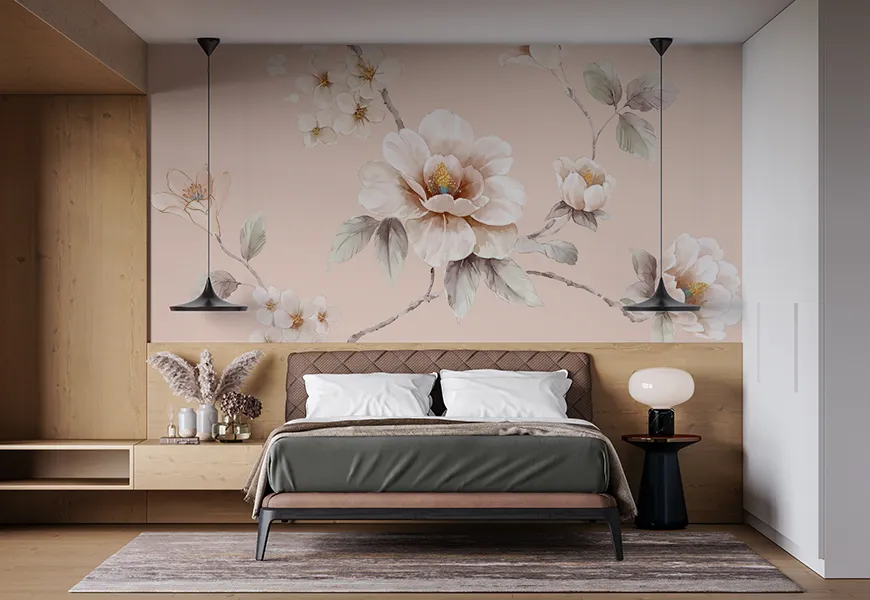 کاغذ دیواری سه بعدی اتاق خواب عروس و داماد طرح شکوفه آلو
